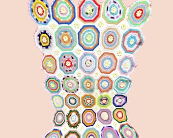 Handmade Crochet Afghan Throw Blanket Multicolor Flower Octagon Retro Pattern