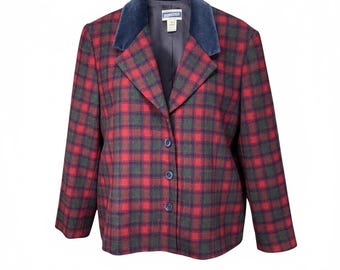 Pendleton Blazer Womens 16W Red Green Plaid Wool Navy Velvet Collar Made USA