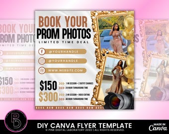 Folleto de ofertas para sesiones fotográficas de graduación y baile de fin de curso, Fotos de graduación y baile de fin de curso, Folleto de fotografía, Folleto para reservar ahora, Ofertas especiales de temporada de graduación, Reservas