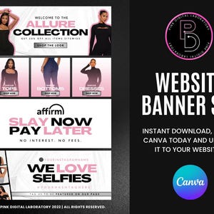 May include: Website banner set for an online clothing store. The banners feature a pink and white color scheme with images of women wearing different clothing items. The text on the banners includes "Welcome to the Allure Collection", "Tops", "Bottoms", "Dresses", "Slay Now Pay Later", "We Love Selfies", and "Pink Digital Laboratory".