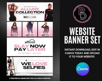 Banners para sitios web de negocios, banners web interactivos para boutiques, plantillas de Canva, banners para tiendas de ropa, pelucas y cabello, Shopify, Wix, Square
