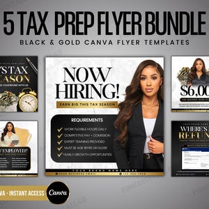 Może przedstawiać: Zestaw pięciu czarno-złotych szablonów ulotek Canva do przygotowania podatkowego. Ulotki zawierają tekst, taki jak "It's Tax Season", "Now Hiring!" i "Self-Employed?". Zestaw zawiera również ulotkę z tekstem "Where's My Refund?" oraz ulotkę z tekstem "$6,000".