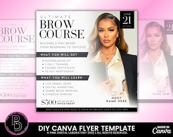 Curso de microblading de cejas PMU / Folleto de la clase de maquillaje permanente definitivo, plantilla de folleto de Canva, curso de capacitación PMU de lujo, taller, rellenos de labios