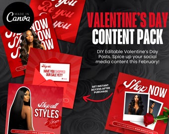 Paquete de contenido para redes sociales de San Valentín, creado en Canva, publicaciones de Instagram para el Día de San Valentín, plantillas de Instagram en rojo y rosa, paquete de contenido para redes sociales de San Valentín