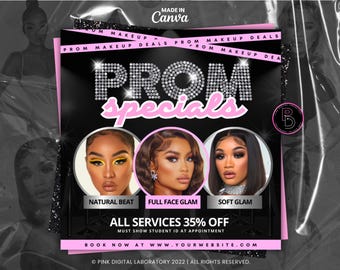 Modello di volantino modificabile fai da te per prenotazioni di offerte speciali per il ballo di fine anno - Volantino per appuntamenti disponibili per capelli, ciglia, trucco e unghie, offerte per il ballo di fine anno, stagione del ballo di fine anno, volantino in saldo