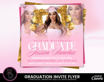 Invitación digital para guardar la fecha de graduación, anuncio de graduación 2025, plantilla de invitación rosa para graduados, invitación digital editable para fiesta de graduación.