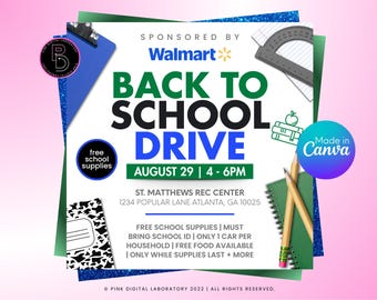 Back to School Drive Flyer Canva Template, School Supplies Giveaway Flyer, Backpack Drive Event Poster, Nonprofit Community Outreach Flyer