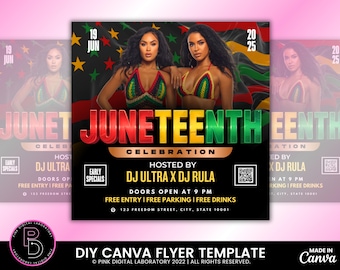 Folleto para fiesta de Juneteenth, plantilla de folleto para diseñar tú mismo en Canva, folleto para evento en discoteca, celebración, folleto para DJ de discoteca, folleto para happy hour, folleto prediseñado