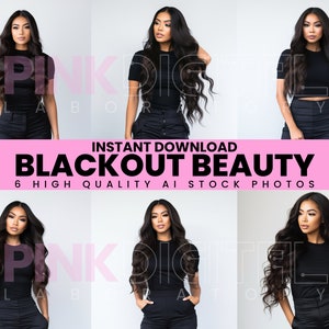 May include: Six high-quality AI stock photos of a woman with long, dark, wavy hair wearing a black top and black pants. The photos are set against a white background.  INSTANT DOWNLOAD BLACKOUT BEAUTY 6 HIGH QUALITY AI STOCK PHOTOS