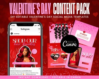 Paquete de publicaciones para redes sociales de San Valentín, diseño de plantillas DIY, historias de Instagram para el Día de San Valentín, marketing en redes sociales, publicaciones comerciales prediseñadas