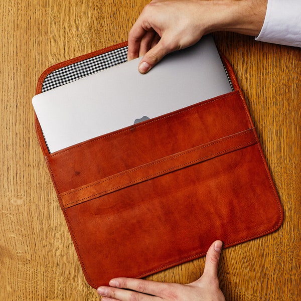 Premium Leather Laptop Case - Handmade Full leather Quality Sleeve with Cotton Linen, various sizes