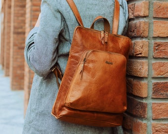 Zaino e borsa da città 2in1 in pelle pregiata - Zaino da città Miley da donna, fatto a mano, in pelle intera con cinghie regolabili