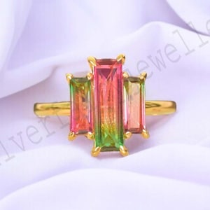 Watermelon Tourmaline Ring, Baguette Tourmaline Ring, Tourmaline Gemstone Wedding Ring, Unique Vintage Two Tone Watermelon Tourmaline Ring