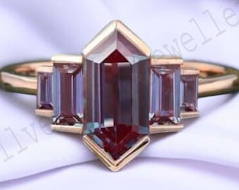 Anello di fidanzamento con alessandrite esagonale, anello con castone in oro rosa 9 carati, anello nuziale vintage con pietra portafortuna di giugno, regalo unico per matrimonio e anniversario