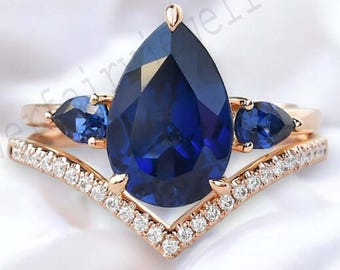 Pear-Cut Blue Sapphire & Diamond Ring In 925 Sterling Silver - Crown Design Bridal Set - View #4