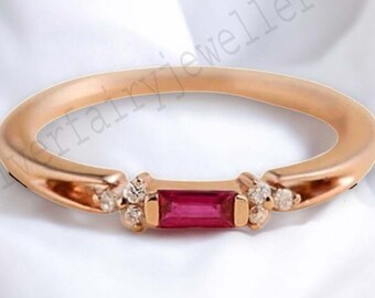 Ruby Baguette Sterling Silver Ring, Rose Gold Minimalist Stacking Ring, Dainty July Birthstone Promise Ring, Everyday Wear Gift For Her
