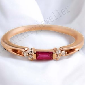 Baguette Cut Minimalist Ruby Ring Dainty Simple Ruby Ring Wedding Thin Band Ring Rose Gold Plated Wedding Ring Christmas Gift For Women