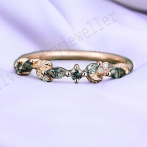 Marquise cut Moss agate Wedding band Rose Gold Alexandrite marriage ring Dainty Leaf ring Promise Anniversary wedding band Gift For Women