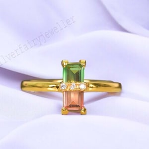 Baguette Cut Watermelon Tourmaline Ring, Pink Green Stone Ring, Bicolor tourmaline Wedding Ring, Tourmaline Gemstone Ring, Diamond Ring