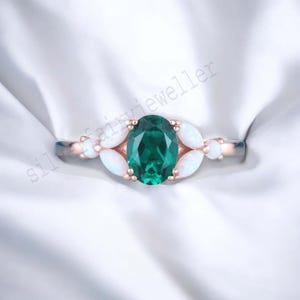 Oval Emerald engagement ring vintage ring Opal Yellow Gold Plated Silver Ring Unique Marquise cut Opal cluster Bridal Anniversary Gift Ring
