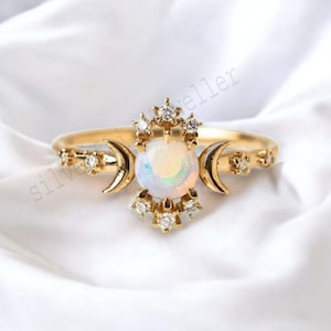 Fire Opal Moon Engagement Ring Round Fire Opal Star Ring Handmade Cluster Statement Promise Ring Birthday Gift Ring For Women Gemstone Ring