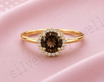 Anello vintage con alone di quarzo fumé, gioiello con gemma marrone a taglio rotondo, anello di fidanzamento, regalo di anniversario, anello da cocktail di tendenza