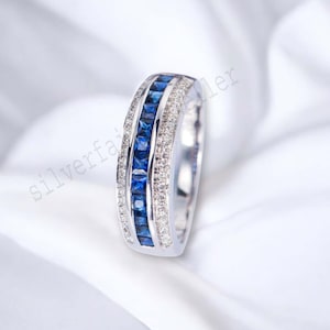 Half Eternity Blue Sapphire Engagement Ring Gemstone Wedding Band September Birthstone Ring Stacking Bridal Band Ring Channel Set Band Ring