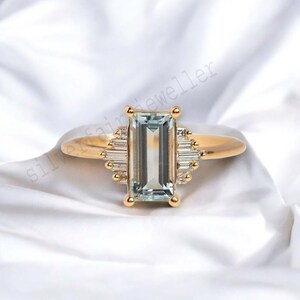 Antique Aquamarine and Moissanite Engagement Ring 925 Sterling Silver Elegant Art Deco Ring Anniversary Gift Unique Minimalist Engagement