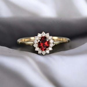 Garnet and Diamond Halo Engagement Ring, Rose Gold Plated Oval Cut Gemstone Ring, January Birthstone Ring, Anniversary Ring, Promise Ring