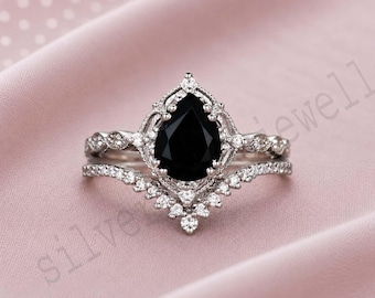 Vintage Black Onyx Engagement Ring, Pear Cut Moissanite Bridal Set, Art Deco Curved Stacking Band, 9K Gold Wedding Ring