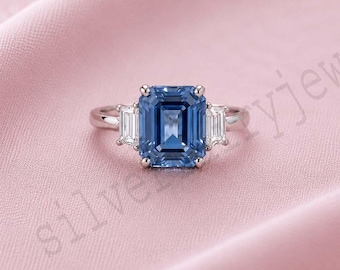 Blue Sapphire Three Stone Ring, Emerald Cut Engagement Ring, Baguette Diamond Anniversary Ring, Vintage Wedding Ring for Her
