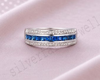 Blue Sapphire Channel Set Band, Princess Cut Sapphire Wedding Ring, CZ Diamond Accent Half Eternity Ring, September Birthstone Ring
