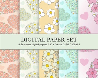 5 Digital Papers Scrapbook Paper Floral Backgrounds Heart Patterns Commercial Use