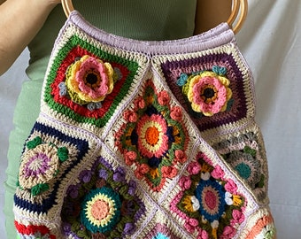 Crochet Colorful Boho Style Tote Bag with Wooden Handles, Ready to Ship