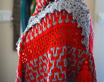 Triangle Shawl with Tassels, Boho All Season Crochet Artistic Scarf