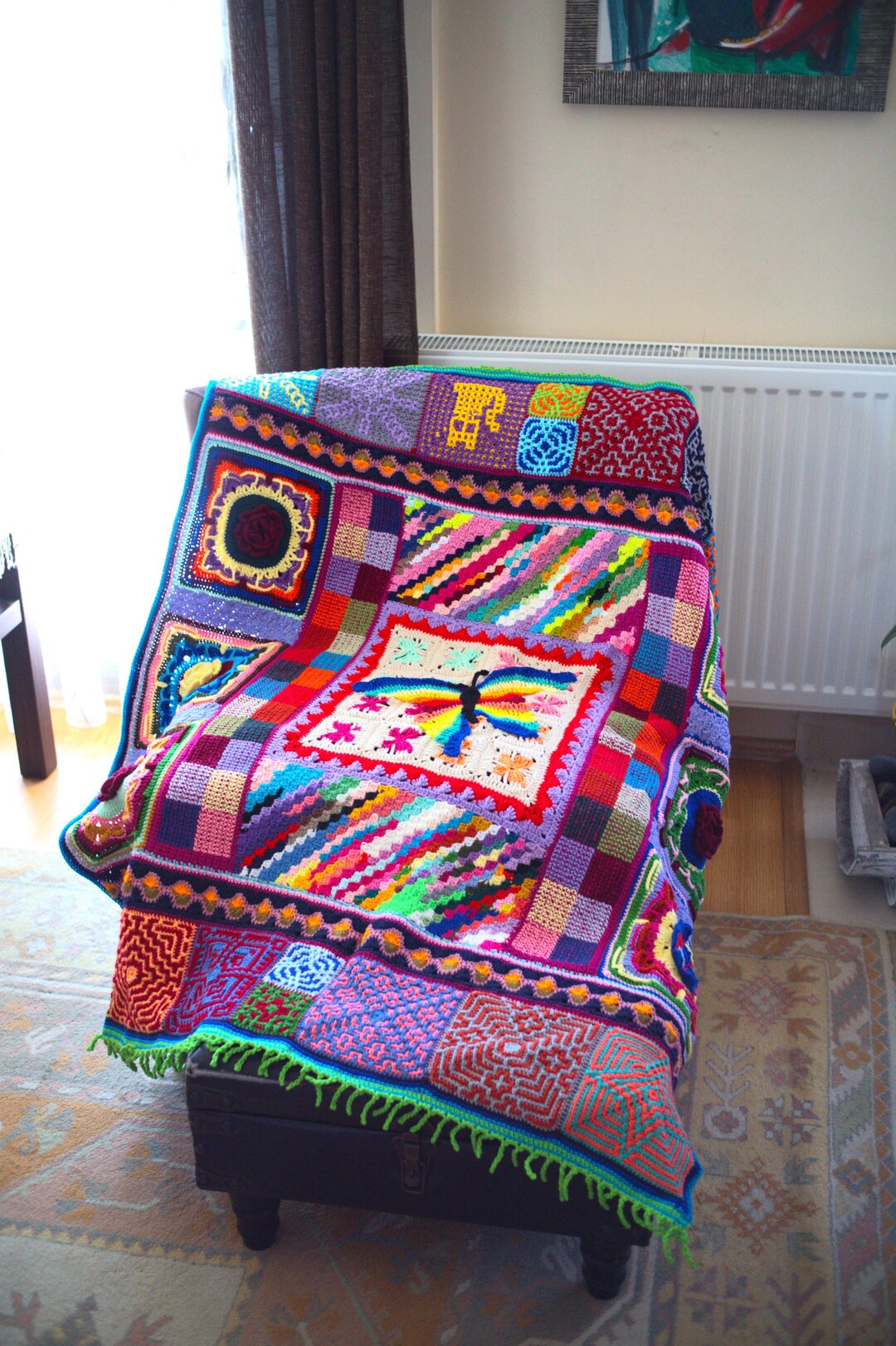 Crochet Boho Living Room Throw Blanket, Center Butterfly Motif, Last ...