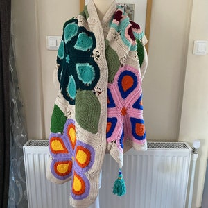 Crochet Colorful Oversized Boho Shawl with Tassels, Ready to Ship