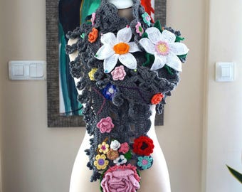 Gehaakte wollen sjaal met 3D-bloemen, handgemaakt bohocadeau, cadeaus voor haar