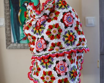 Crochet Shawl with 3D Flowers, Cotton Acrylic Flower Wrap, All Seasons