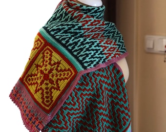 Colorful Mosaic Crochet Oversized Luxury Scarf, Ready To Ship