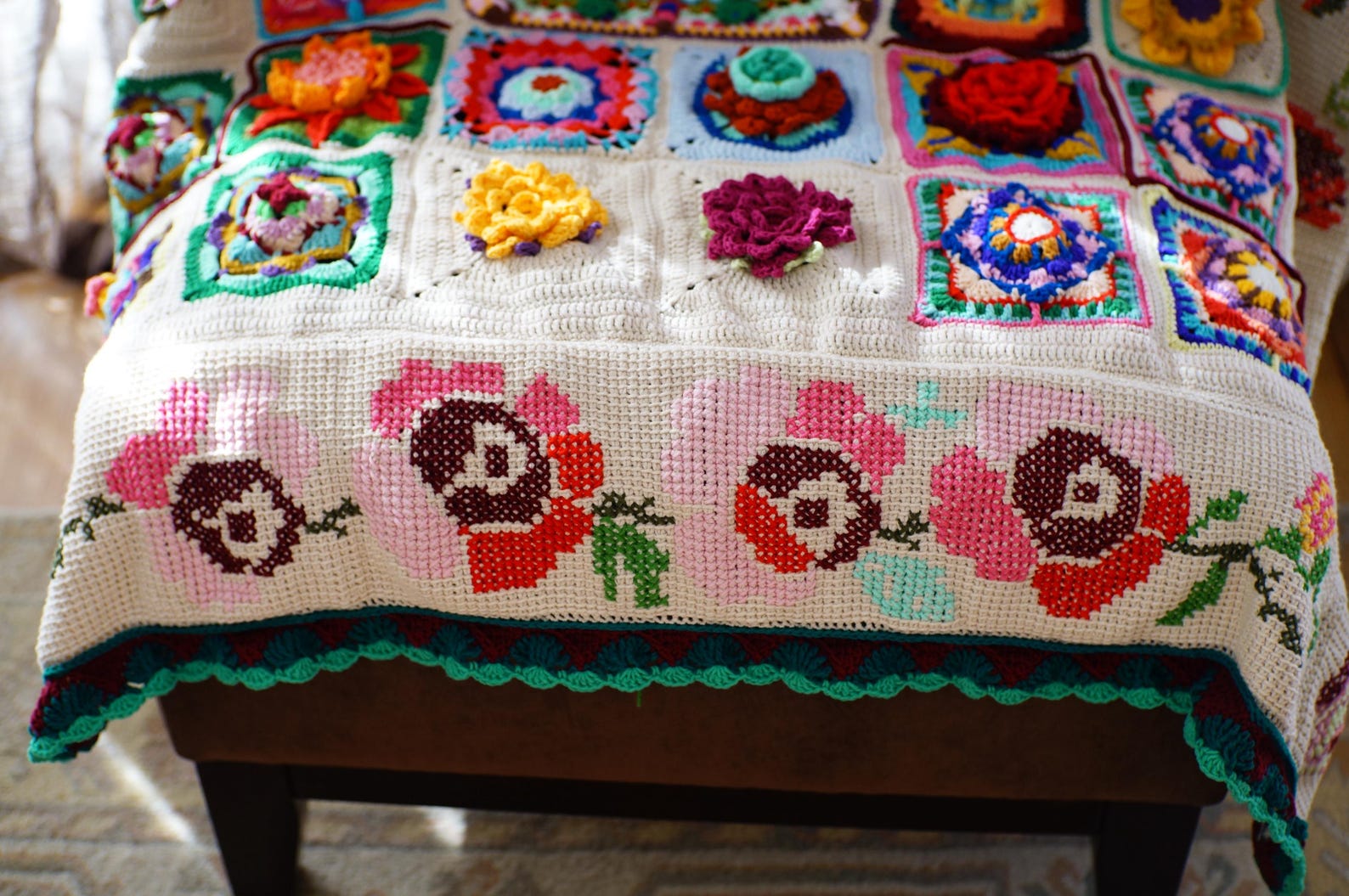 Handmade Crochet Floral Blanket, Crochet Living Room Decor, Crochet ...