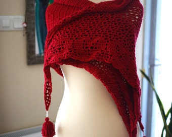 Triangle Shawl with Pearl Tassels, Crochet All Season Shawl