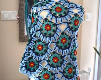Crochet Wrap with 3D Lotus Flowers, Handmade Cotton Acrylic Flower Shawl, Crochet Shawls for All Seasons