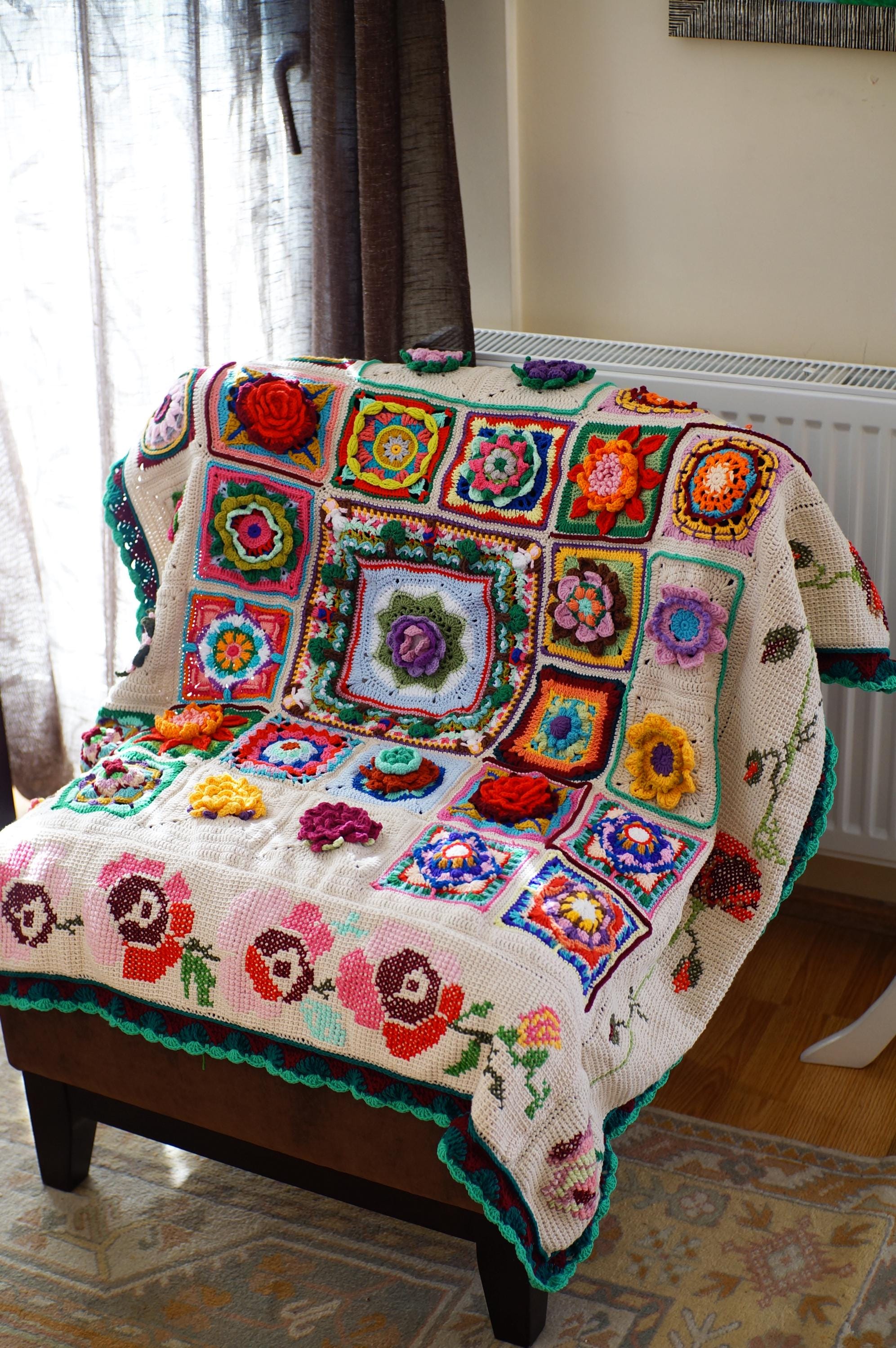 Handmade Crochet Floral Blanket, Crochet Living Room Decor, Crochet ...