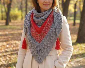 Handmade Crochet Triangle Shawl with Tassels, Boho All Season Scarf