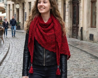 Handmade Crochet Triangle Shawl with Pearl Tassels, Crochet All Season Shawl