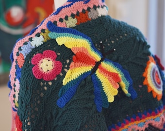 Handmade Crochet Shawl with 3D Butterfly, Cotton Oversized Wrap