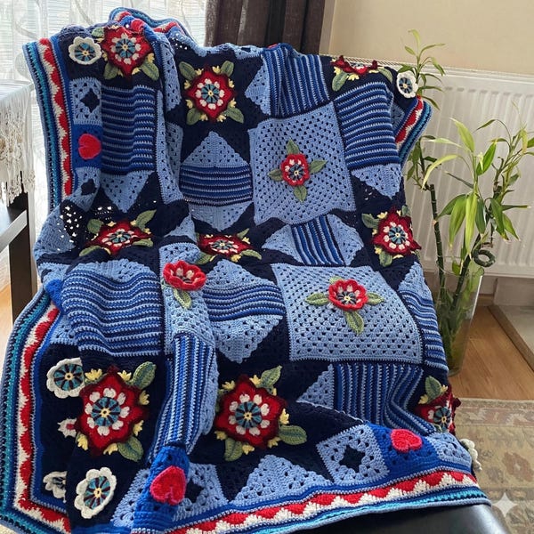 Handmade Crochet Boho Throw Blankets, Boho Throws, Indigo Crochet Afghan Blanket, Flower Granny Square Blanket, 53 inch Square