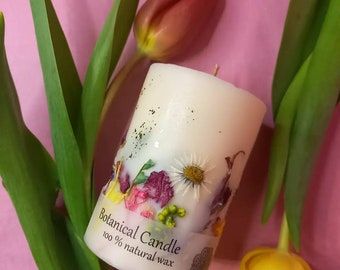 Botanical Candle Botanische Kerze ohne Duft/Geburtstagskerze Blumenkerze mit Trockenblumen Ritualkerze