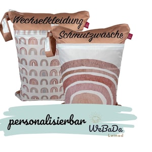 Personalisierbares Wetbag 2er Set (30 x 40 cm) "Regenbögen" - zum Kitastart, für Wechselkleidung, Stoffwindeln, Wickelsachen - geruchsdicht